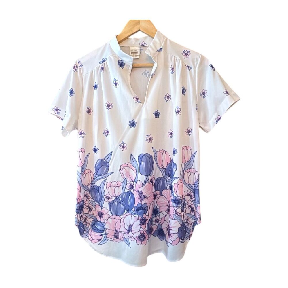 MONTGOMERY WARD Vintage 1970s Border Print Floral Blouse | Tulip Garden Print |